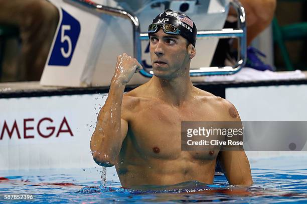 Michael Phelps of the United States celebrates winning gold in the Men's 200m Butterfly Final on Day 4 of the Rio 2016 Olympic Games at the Olympic...