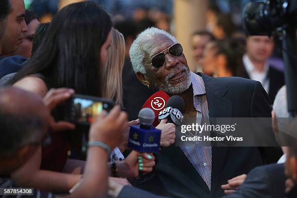 American actor Morgan Freeman talks to the media during the premiere of the Ben-Hur film at Metropolitan Theatre on August 09, 2016 in Mexico City,...