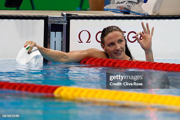 Katinka Hosszu of Hungary celebrates winning gold in the Women's 200m Individual Medley Final on Day 4 of the Rio 2016 Olympic Games at the Olympic...