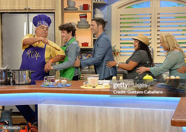 Chef Pepin, Art Parkinson and Travis Knight are seen on the set of Univisions "Despierta America" to support the film "Kubo and the Two Strings" at...