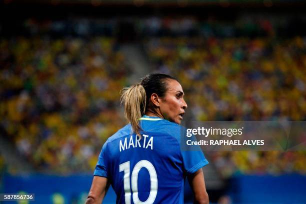 Brazil's player Marta is seen during the Olympic Games Rio 2016 women's first round Group E football match between South Africa and Brazil at the...