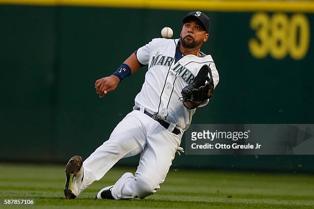 Right fielder Franklin Gutierrez of the Seattle Mariners catches a fly ball off the bat of Justin Upton of the Detroit Tigers in the third inning at...