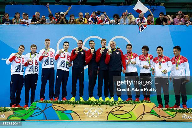 Silver medalists Daniel Wallace, James Guy, Stephen Milne, and Duncan Scott of Great Britain, Gold medalist Townley Haas, Conor Dwyer, Ryan Lochte...