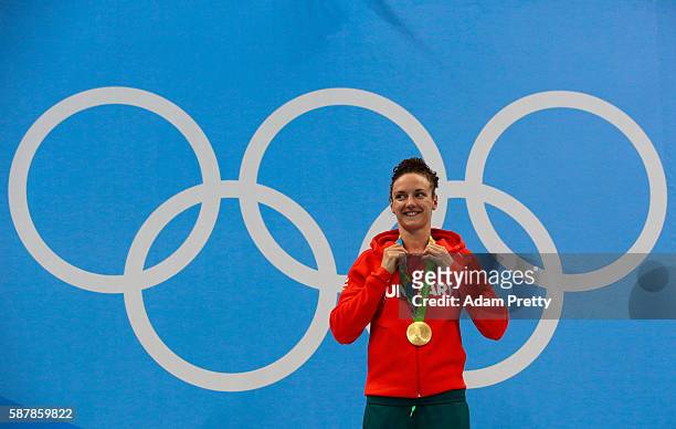 Gold medalist Katinka Hosszu of Hungary poses on the podium during the medal ceremony for the Women's 200m Individual Medley Final on Day 4 of the...
