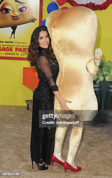 Actress Salma Hayek arrives at the Los Angeles Premiere "Sausage Party" at Regency Village Theatre on August 9, 2016 in Westwood, California.