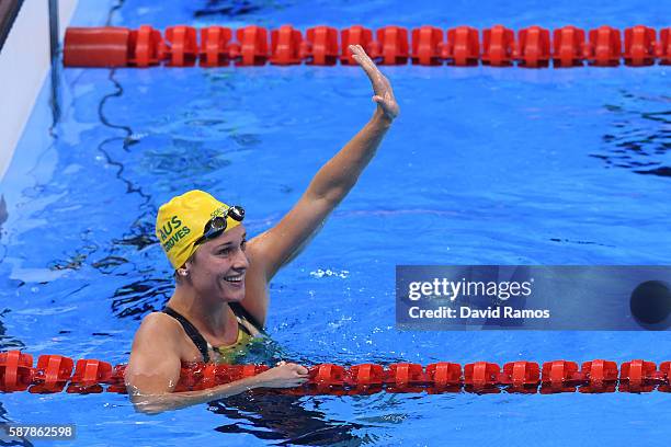 Madeline Groves of Australia celebrates in the second Semifinal of the Women's 200m Butterfly on Day 4 of the Rio 2016 Olympic Games at the Olympic...