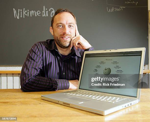 Jimmy Wales, the founder, President and Chair of Wikimedia Foundation, at Wikimania 2006 held at Harvard Law School in Cambridge, on August 4, 2006....