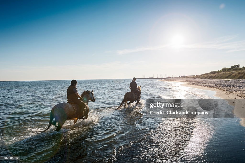 ビーチで日没に乗っている2頭の馬。