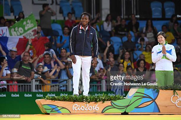 Silver medalist Clarisse Agbegnenou of France, gold medalist Tina Trstenjak of Slovenia after the Women's -63kg final bout on Day 4 of the Rio 2016...
