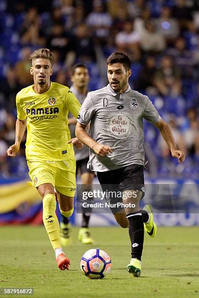 Carles Gil in action during the Teresa Herrera Trophy match between Real Club Deportivo de La Coruña and Villareal CF at estadio Municipal de Riazor...