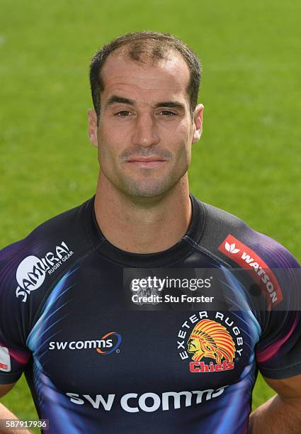 Haydn Thomas of Exeter Chiefs poses for a portrait during the Exeter Chiefs Squad photo call for the 2016-2017 Aviva Premiership Rugby season at...