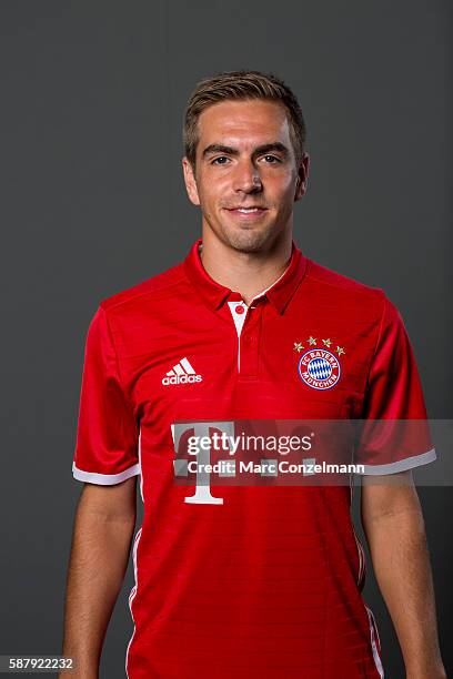 Philipp Lahm of FC Bayern Munich pose during the team presentation on August 10, 2016 in Munich, Germany.