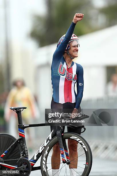 Kristin Armstrong of the United States reacts after winning the Women's Individual Time Trial on Day 5 of the Rio 2016 Olympic Games at Pontal on...