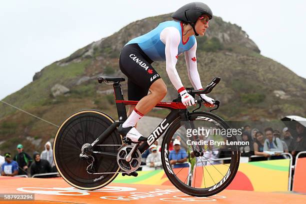 Tara Whitten of Canada starts the Cycling Road Women's Individual Time Trial on Day 5 of the Rio 2016 Olympic Games at Pontal on August 10, 2016 in...