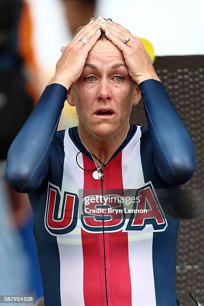 Kristin Armstrong of the United States celebrates after winning the Women's Individual Time Trial on Day 5 of the Rio 2016 Olympic Games at Pontal on...