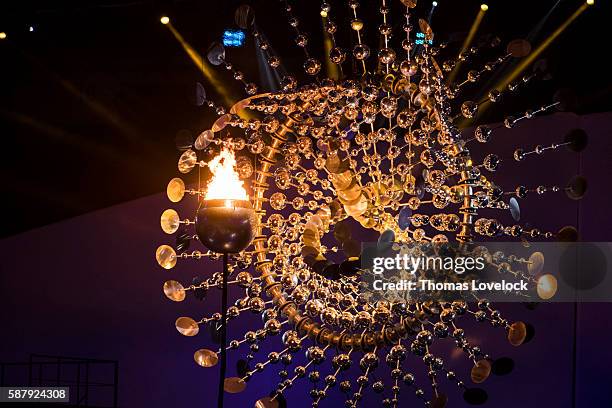 Summer Olympics: Closeup of chandelier descending with Olympic Flame and cauldron during ceremonies at Maracana Stadium. Rio de Janeiro, Brazil...