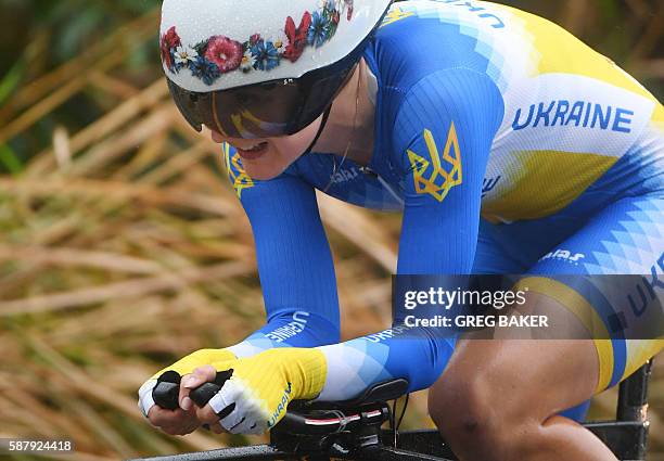 Ukraine's Ganna Solovei cycles during the Women's Individual Time Trial event at the Rio 2016 Olympic Games in Rio de Janeiro on August 10, 2016. /...