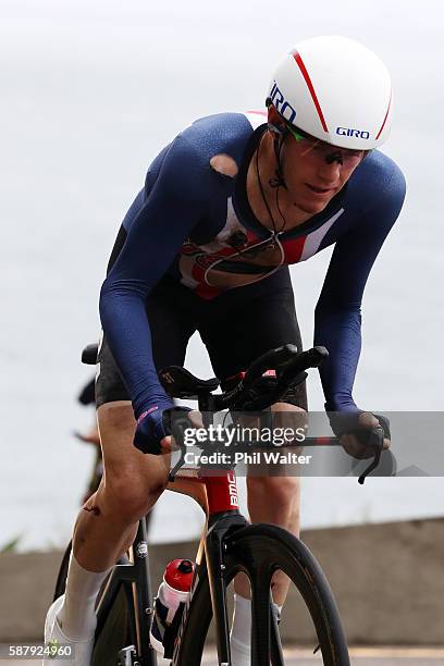 Brent Bookwalter of the United States rides in the Men's Individual Time Trial on Day 5 of the Rio 2016 Olympic Games at Pontal on August 10, 2016 in...