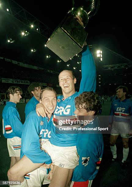 Attilio Lombardo of Sampdoria celebrates with the trophy after their victory against Ancona in the 2nd leg of the Coppa Italia Final in Genoa, 20th...