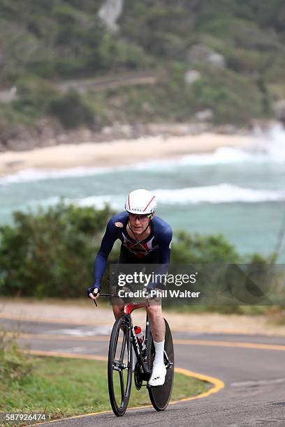 Brent Bookwalter of the United States rides in the Men's Individual Time Trial on Day 5 of the Rio 2016 Olympic Games at Pontal on August 10, 2016 in...