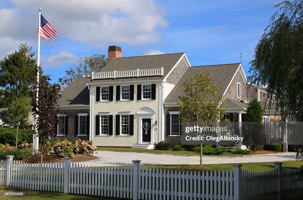 New England House with grey shingles, Chatham, Cape Cod, Massachusetts.