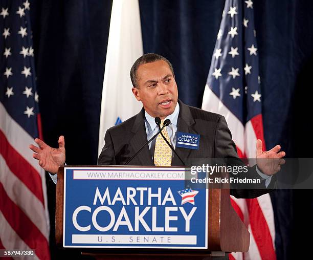 Governor Deval Patrick speaking at a rally in support of Martha Coakley's senate campaign at the Park Plaza Hotel in Boston, MA on January 15, 2010....
