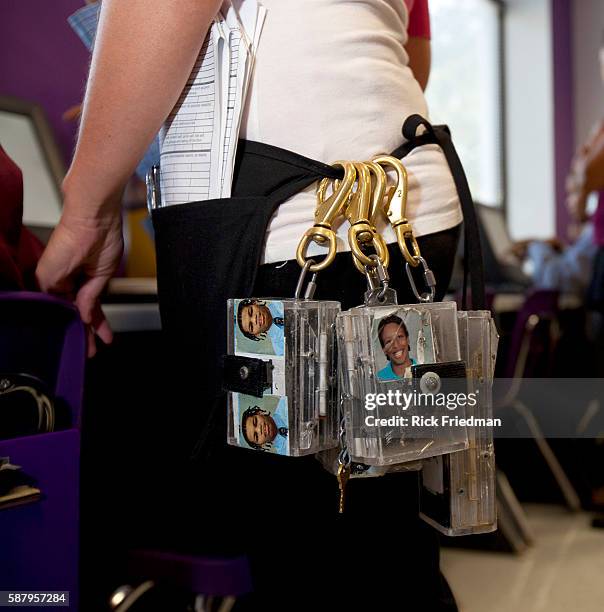 Teacher Casey Gallagher wears shock treatment transmitters during class at Judge Rotenberg Center in Canton. The Judge Rotenberg Educational Center...