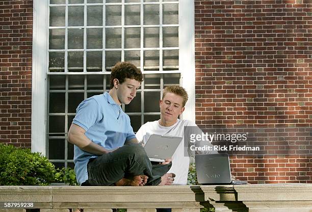 Mark Zuckerberg and Chris Hughes creaters "Facebook" photographed at Eliot House at Harvard University, Cambridge, MA. On May 14, 2004. Facebook was...