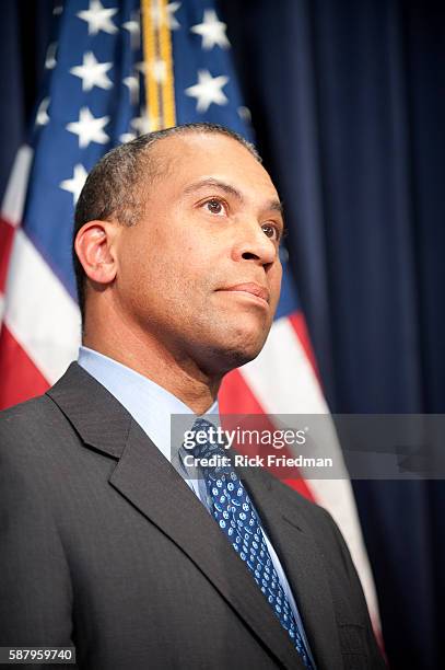 Massachusetts Governor Deval Patrick during a press conference where U.S. Interior Secretary Ken Salazar announced his approval of the Cape Wind...
