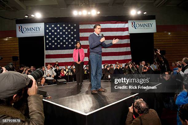 Republican presidential candidate and former MA Governor MItt Romney at a campaign rally with South Carolina Governor Nikki Haley and NH Senator...