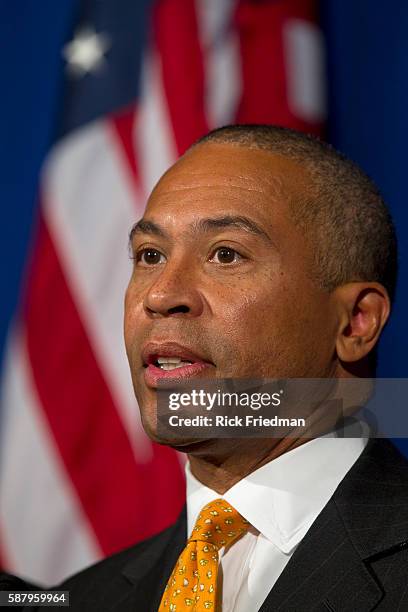 Massachusetts Governor Deval Patrick addressing the media after a meeting with Congressman Barney Frank and U.S. Commerce Secretary Gary Locke and...