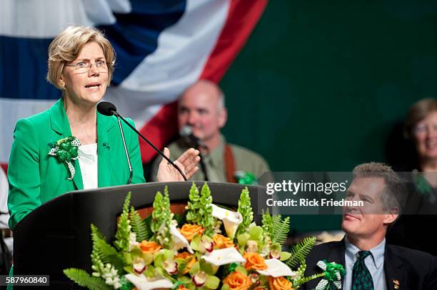 Democratic candidate for US Senate Professor Elizabeth Warren of Harvard Law School telling jokes at the St. Patrick's Day political roast in Boston,...