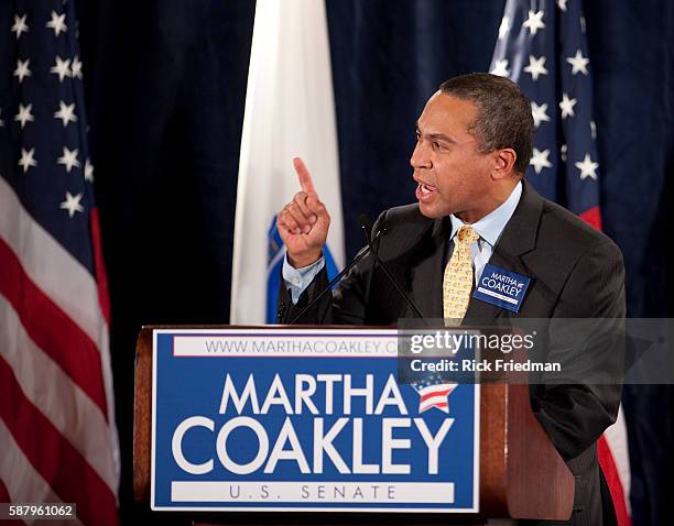 Governor Deval Patrick speaking at a rally in support of Martha Coakley's senate campaign at the Park Plaza Hotel in Boston, MA on January 15, 2010....