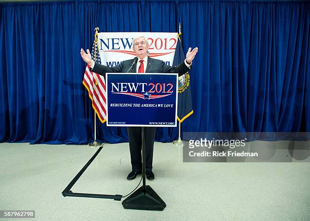 Republican presidential candidate and former Speaker of the House, New Gingrich speaking at a campaign stop at Salem High School in Salem, NH on...