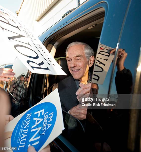 Republican presidential candidate Congressman Ron Paul in his car after a campaign rally at Nashua Airport in Nashua, NH on January 6, 2012.