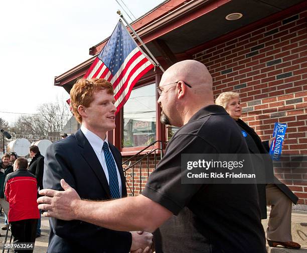 Joseph Kennedy III campaigning at Crivello's Crossing in Milford, MA on the 1st day of his campaign for the MA 4th Congressional District seat being...