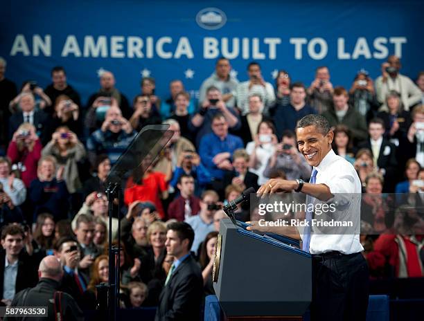President Barack Obama delivering a speech on oil dependence and the economy at Nashua Community College in Nashua, NH on March 1, 2012.