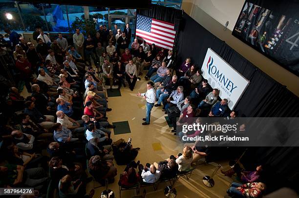 Republican presidential candidate and former MA Governor Mitt Romney speaking to employees at Hypertherm in Hanover, NH on December 21, 2011.