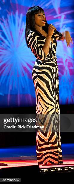 Singer Jennifer Hudson performing with the Boston Pops on the Charles River Esplanade during the dress rehearsal for the July 4th concert on Boston,...