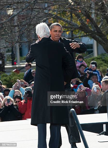 President Barack Obama campaigning with President Bill Clinton on the final weekend of the 2012 Presidential election in Concord, NH on November 4,...