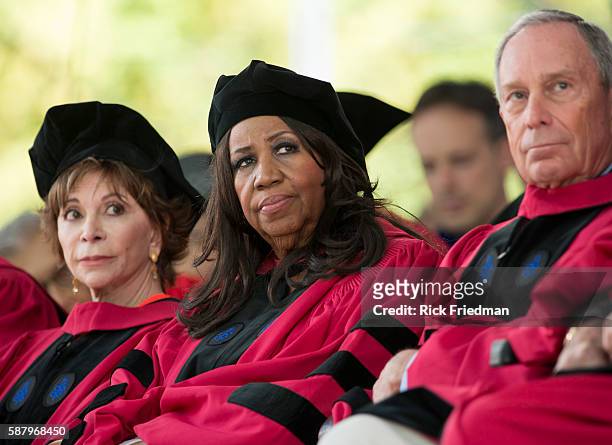 Author Isabel Allende, Aretha Franklin, Queen of Soul, and Michael Bloomberg, former New York City Mayor during the Harvard University Commencement...