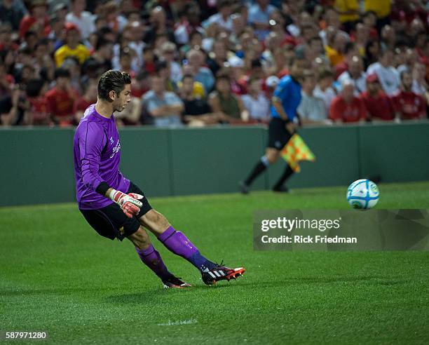 Liverpool FC Goal Keeper defends the ball against AS Roma during a pre-season match at Fenway Park in Boston, MA on July 23, 2014. AS Roma won 1-0.