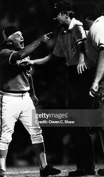 Earl Weaver manager of the Baltimore Orioles circa 1982 makes a point to a umpire at Memorial Stadium in Baltimore, Maryland.