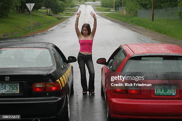 Lindsay Wiley of Grantham, NH prepares to start a street race for members of "Expensive Habits" car club. Club members are: Jon Miller, Jeremy Hatch,...
