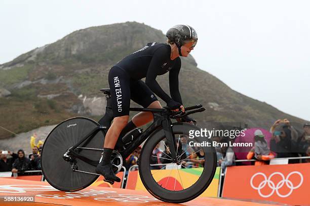Linda Villumsen of New Zealand starts the Cycling Road Women's Individual Time Trial on Day 5 of the Rio 2016 Olympic Games at Pontal on August 10,...