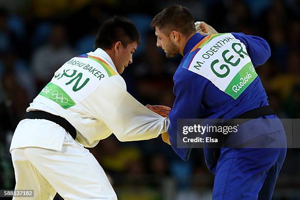 Marc Odenthal of Germany competes against Mashu Baker of Japan during a Men's-90kg bout on Day 5 of the Rio 2016 Olympic Games at Carioca Arena 2 on...