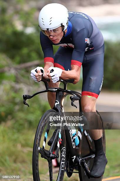 Christopher Froome of Great Britain competes in the Cycling Road Men's Individual Time Trial on Day 5 of the Rio 2016 Olympic Games at Pontal on...