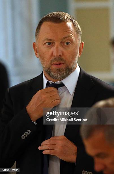 Russian billionaire and businessman Oleg Deripaska attends the meeting with Russian and Turkish businessmen in Konstantin Palace in Strenla, Saint...