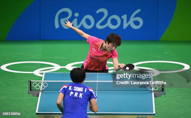 Ning Ding of China in action during her Womens Table Tennis Singles Semi Final match against I Song Kim of Democratic Peoples Republic of Korea at...