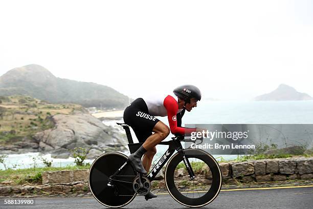 Fabian Cancellara of Switzerland competes in the Cycling Road Men's Individual Time Trial on Day 5 of the Rio 2016 Olympic Games at Pontal on August...